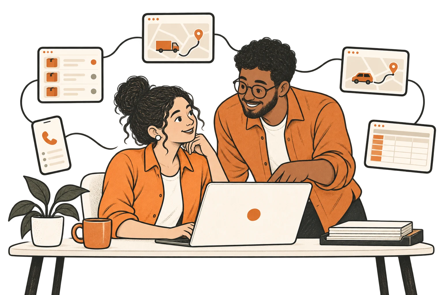 An illustrated dispatcher connects the ordering system, delivery tracking, driver app, and spreadsheet around one desk.