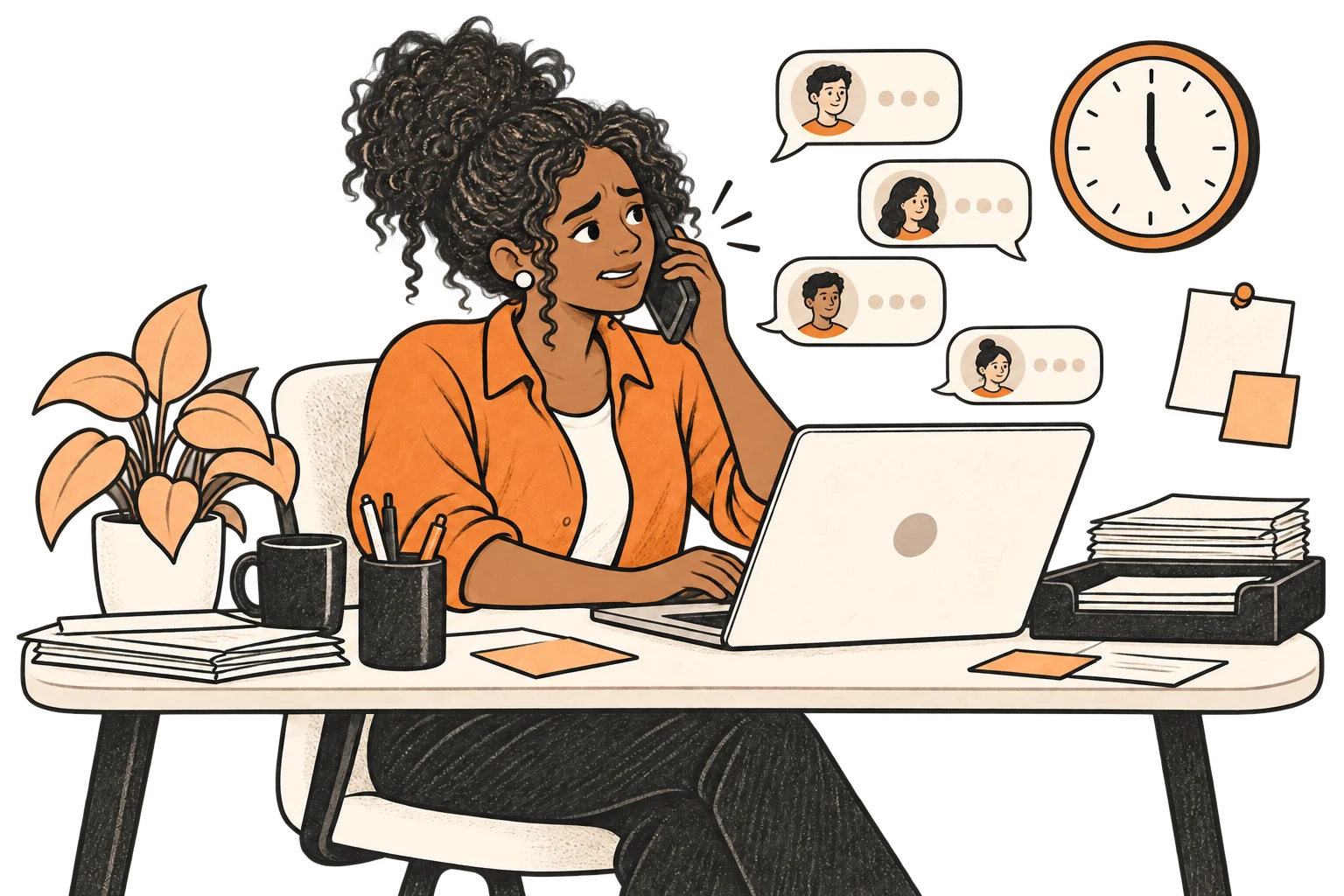 A frazzled dispatcher handles a ringing phone and group messages beside an early-morning clock.